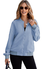 Myosotis Solid Textured Stand Neck Zipper Bomber Jacket Jackets JT's Designer Fashion
