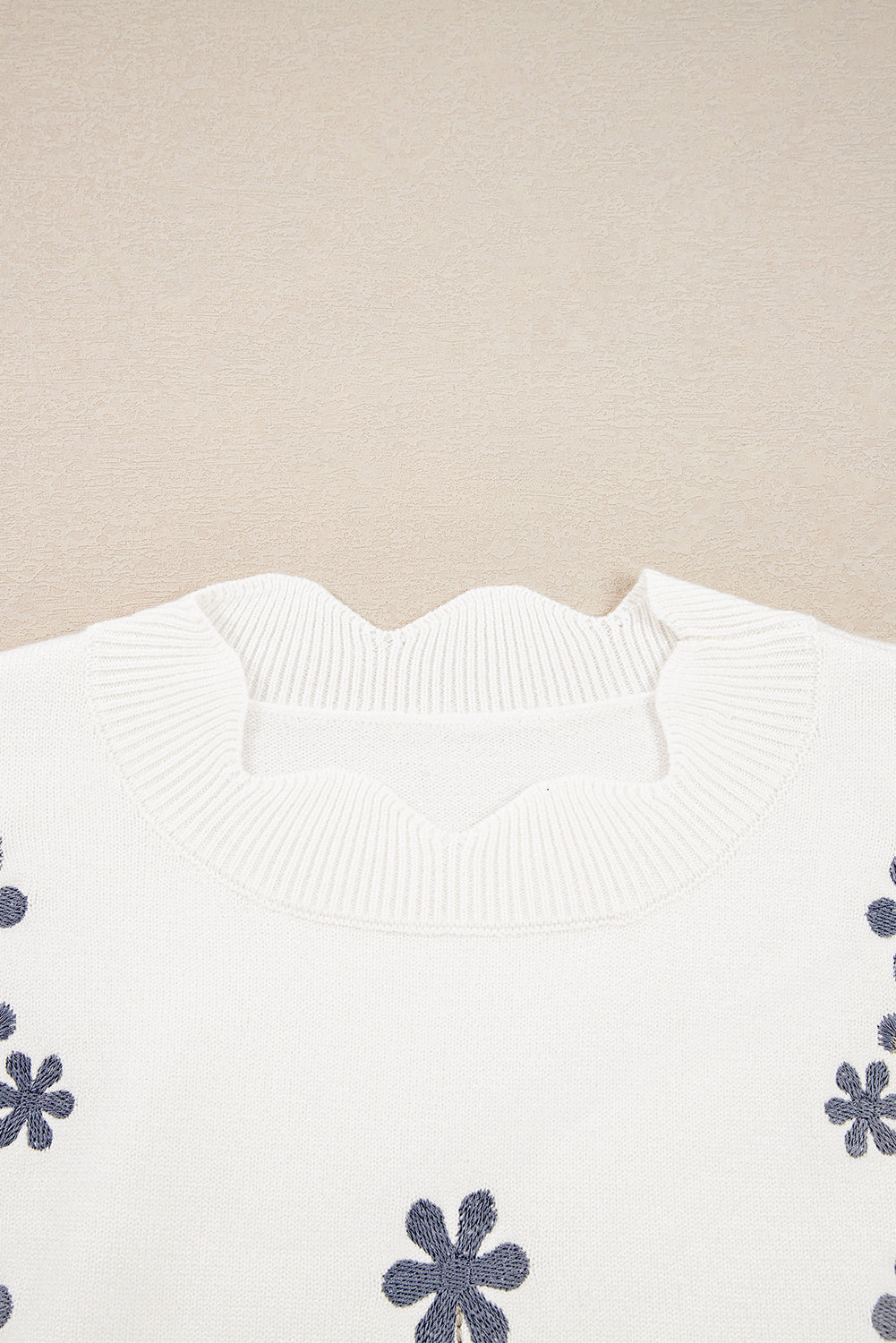 White Floral Embroidered Scallop Hem Cropped Sweater Sweaters JT's Designer Fashion