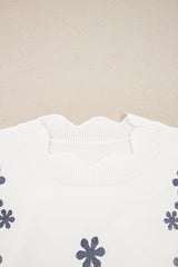 White Floral Embroidered Scallop Hem Cropped Sweater Sweaters JT's Designer Fashion