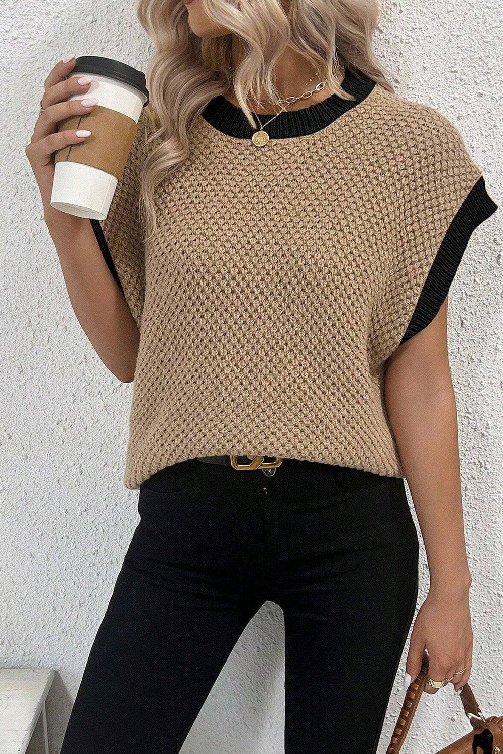 Light French Beige Contrast Trim Round Neck Batwing Sleeve Sweater Top Sweaters & Cardigans JT's Designer Fashion