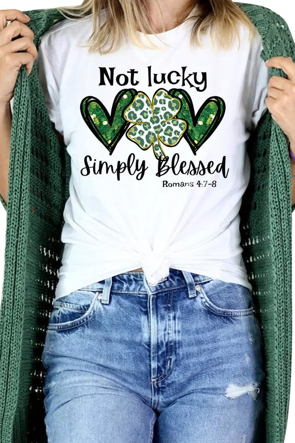 White Heart Leopard Clover Slogan Letters Graphic Tee Graphic Tees JT's Designer Fashion