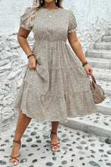 Beige Plus Size Leopard Print Frill Trim Short Sleeve Flared Dress Beige 100%Polyester Plus Size Midi Dresses JT's Designer Fashion