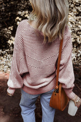 Red Dahlia Striped Print Ribbed Knit Boat Neck Baggy Sweater Sweaters JT's Designer Fashion