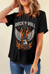 Black Guitar Wings Slogan Print Crew Neck T Shirt Graphic Tees JT's Designer Fashion