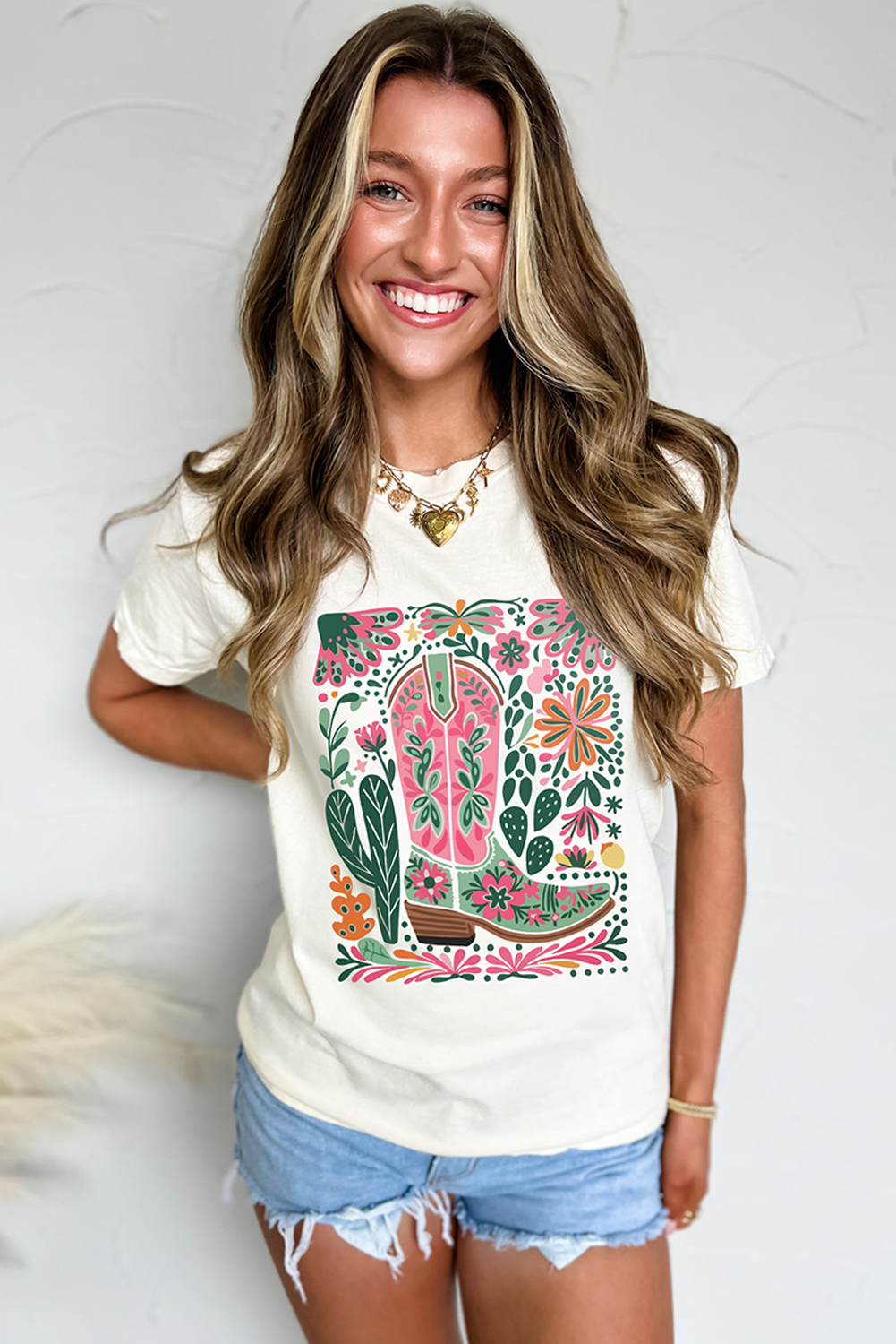 White Western Boot Flower Print Crew Neck Loose Tee Graphic Tees JT's Designer Fashion