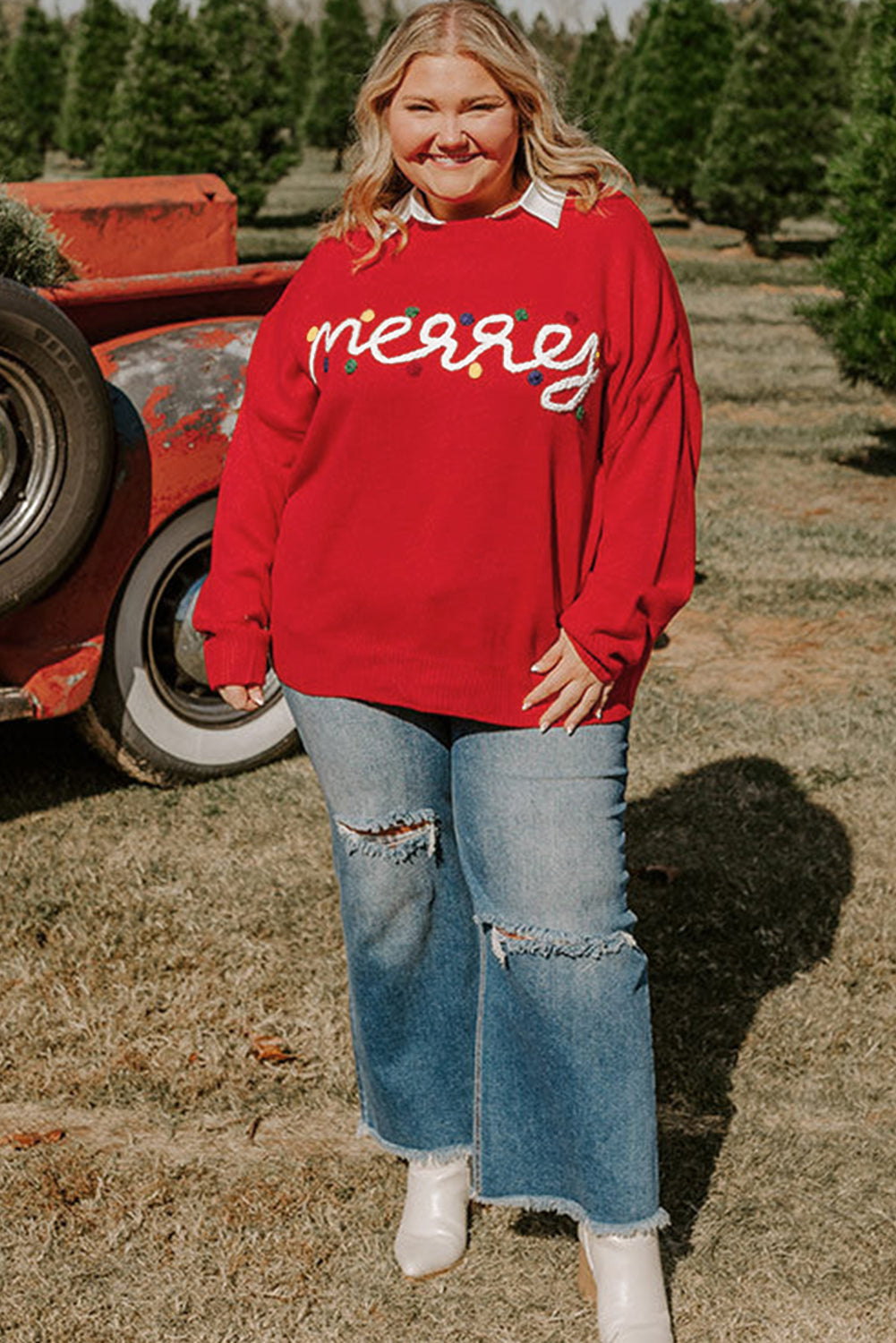 Fiery Red Merry Graphic Christmas Plus Size Sweater Plus Size Sweaters & Cardigans JT's Designer Fashion