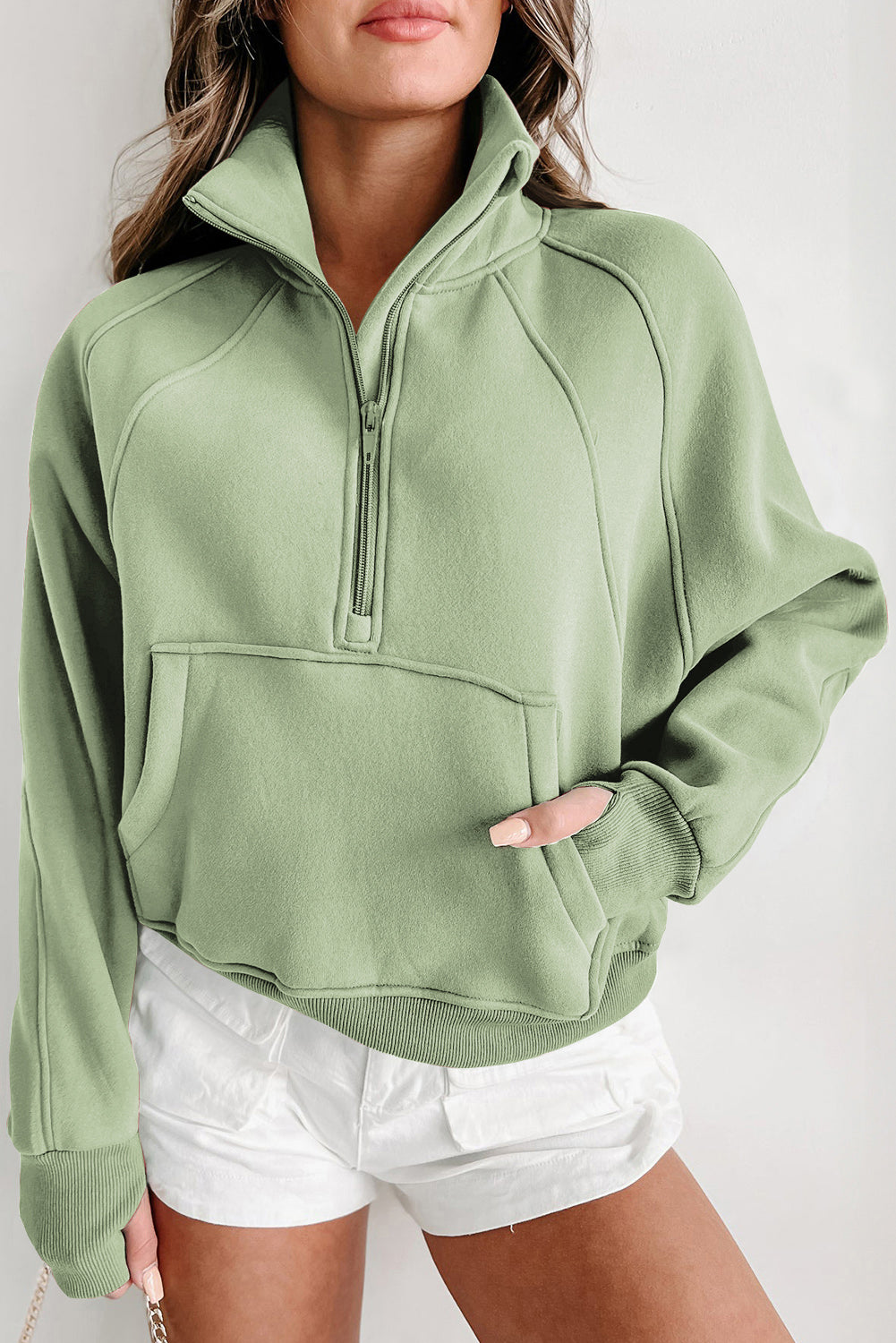 Smoke Green Fleece Lined Zip Up Stand Collar Thumbhole Sleeve Sweatshirt Sweatshirts & Hoodies JT's Designer Fashion