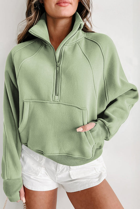 Smoke Green Fleece Lined Zip Up Stand Collar Thumbhole Sleeve Sweatshirt Sweatshirts & Hoodies JT's Designer Fashion
