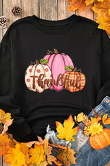 Black Pumpkin Thankful Drop Shoulder Thanksgiving Pullover Sweatshirt Black 50%Polyester+50%Cotton Graphic Sweatshirts JT's Designer Fashion