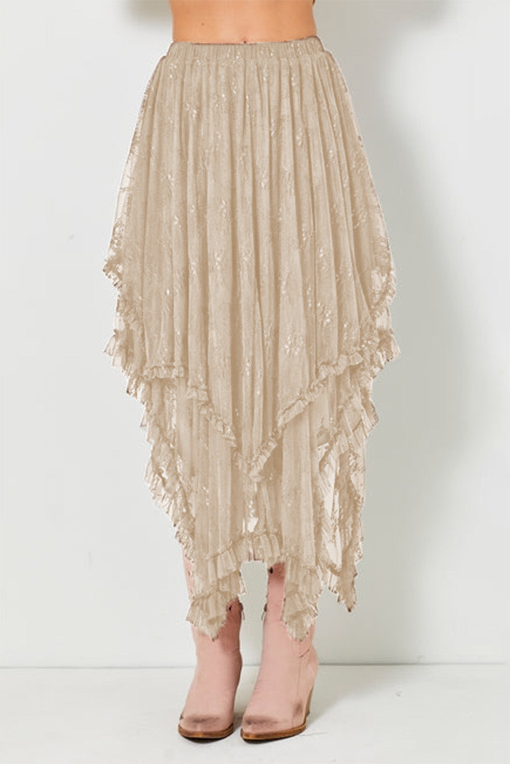 Apricot Lace Cascading Tiered High Waist Maxi Skirt Skirts & Petticoat JT's Designer Fashion