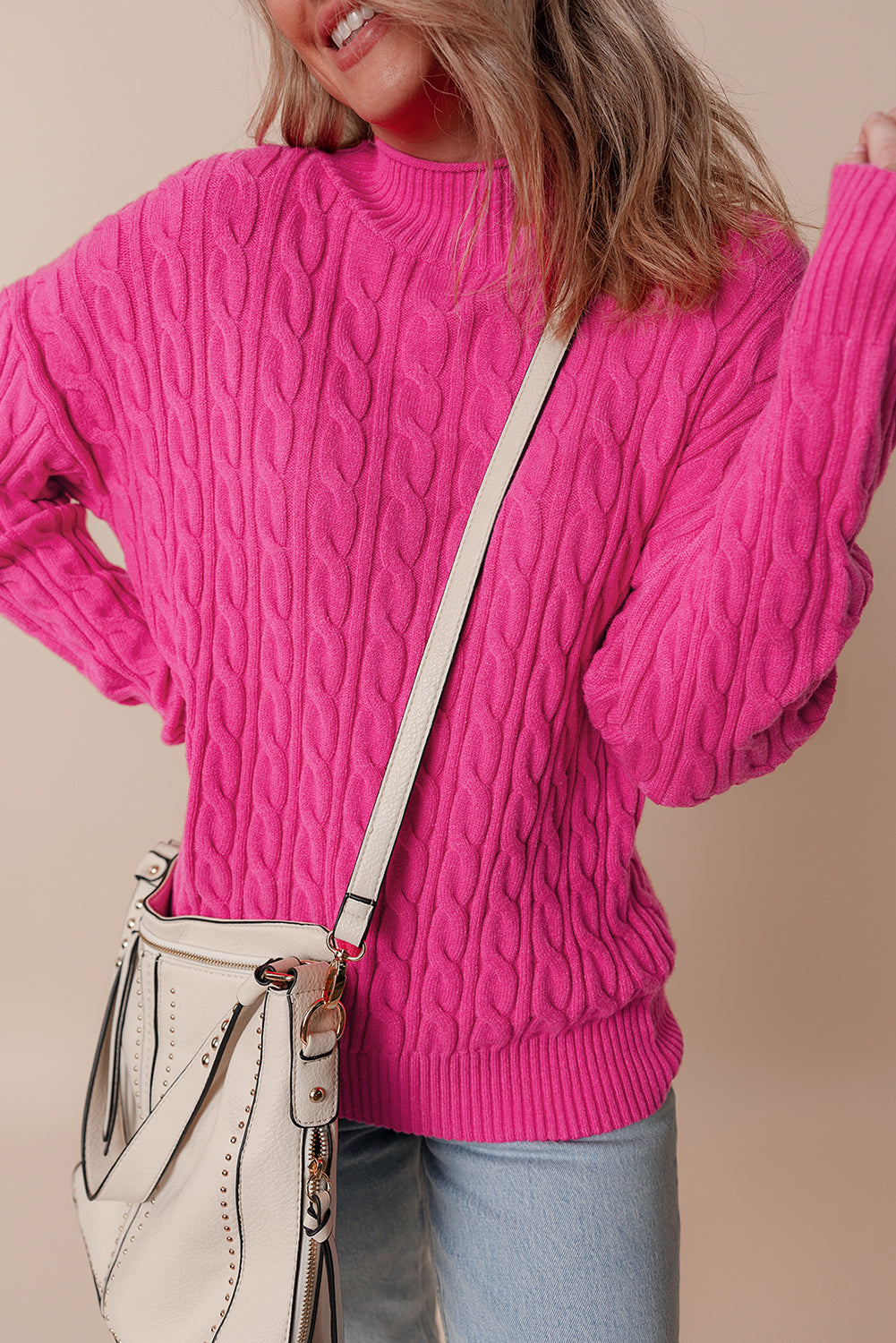 Rose Red Solid Cable Knit High Neck Drop Shoulder Sweater Sweaters JT's Designer Fashion