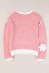Pink Flower V Neck Dropped Shoulder Sweater Sweaters JT's Designer Fashion