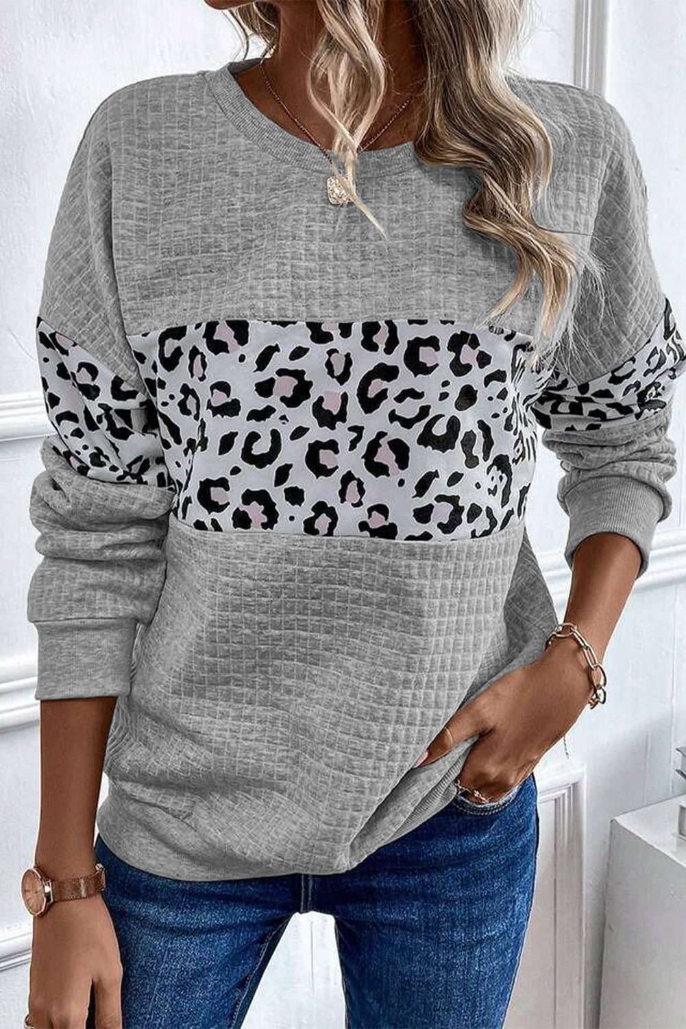Gray Leopard Quilted Patchwork Crew Neck Sweatshirt Sweatshirts & Hoodies JT's Designer Fashion