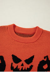 Orange Halloween Pumpkin Face Pattern Drop Shoulder Sweater Sweaters JT's Designer Fashion