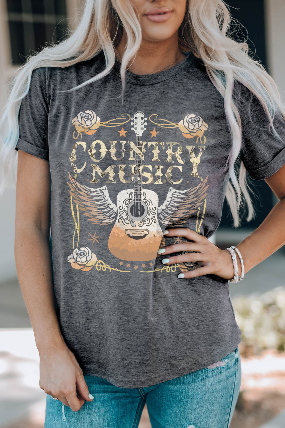 Gray COUNTRY MUSIC Guitar Graphic Print Crew Neck T Shirt Graphic Tees JT's Designer Fashion