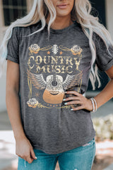 Gray COUNTRY MUSIC Guitar Graphic Print Crew Neck T Shirt Graphic Tees JT's Designer Fashion