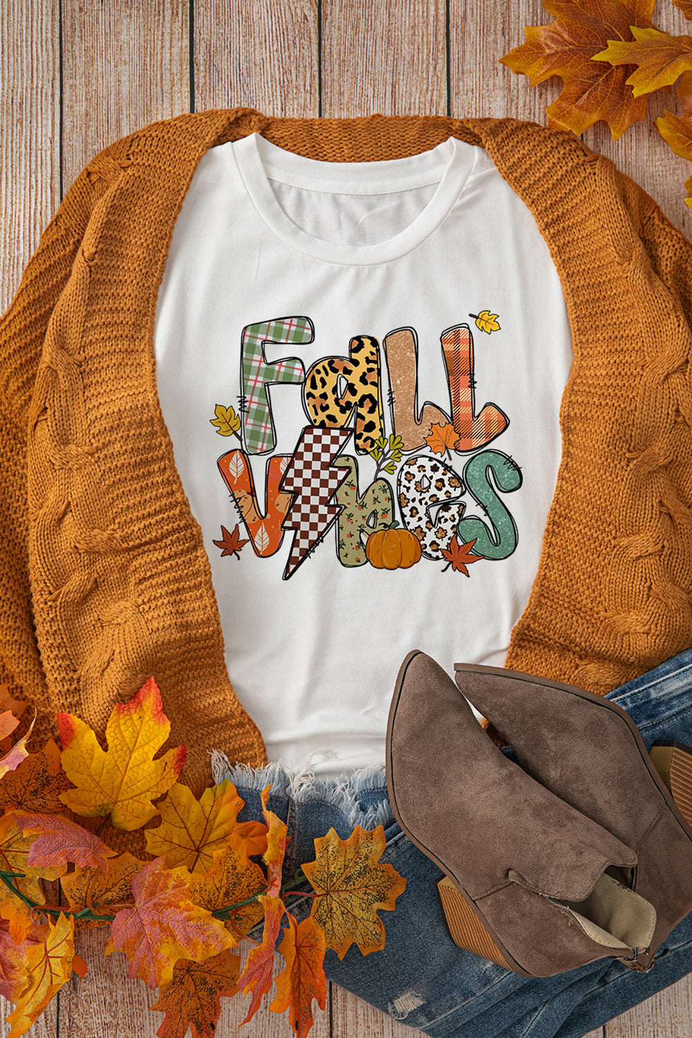 White FALL VIBES Cotton Blend Casual T Shirt Graphic Tees JT's Designer Fashion