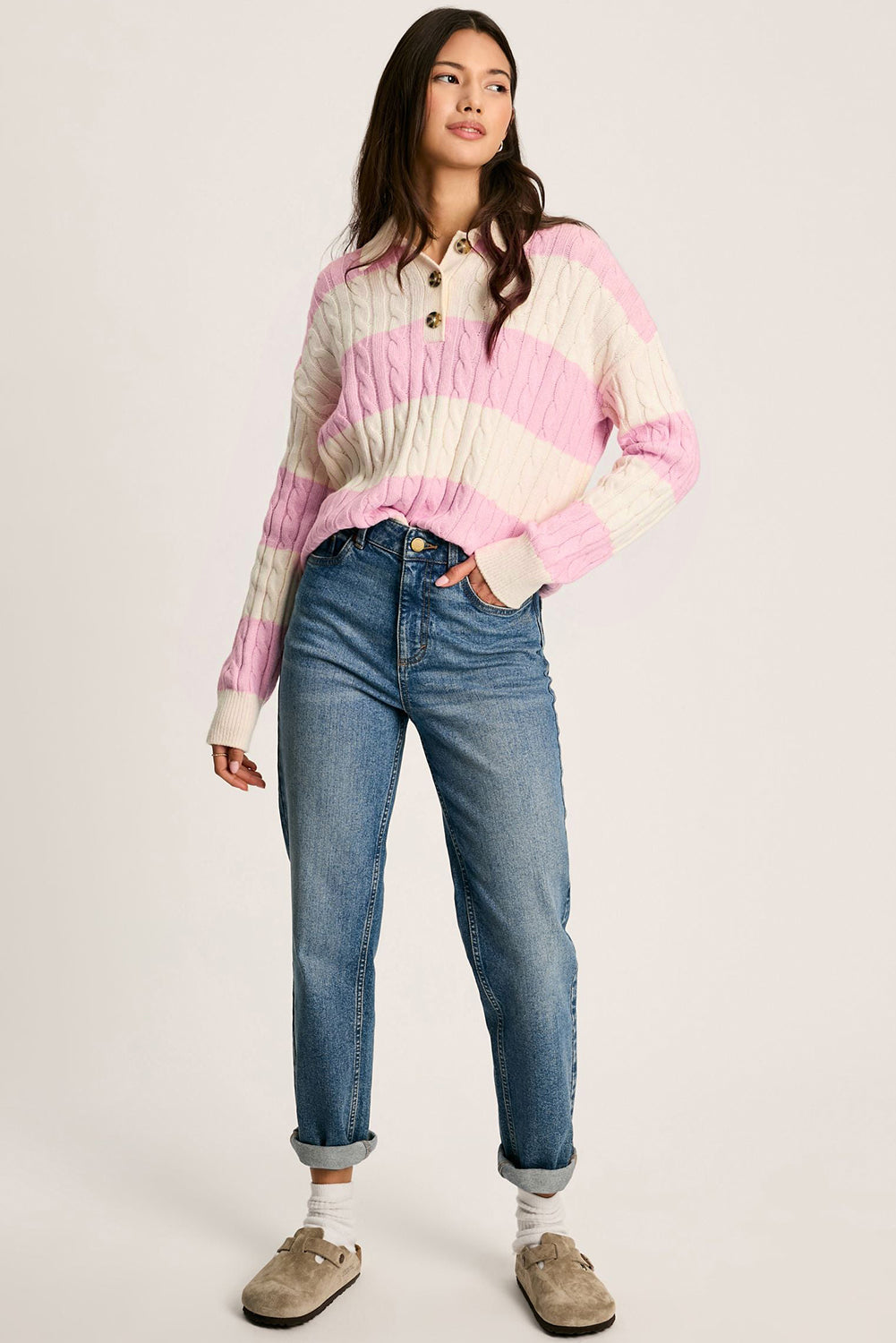 Pink Stripe Cable Knit Collared Henley Sweater Sweaters JT's Designer Fashion