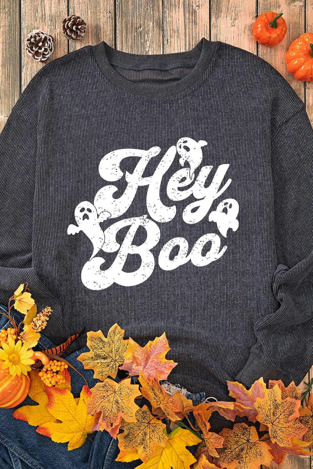 Gray Corded Hey Boo Ghost Graphic Drop Shoulder Halloween Sweatshirt Graphic Sweatshirts JT's Designer Fashion