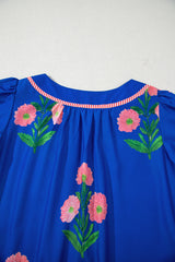 Blue Floral Short Sleeve Split Neck Loose Mini Dress Floral Dresses JT's Designer Fashion