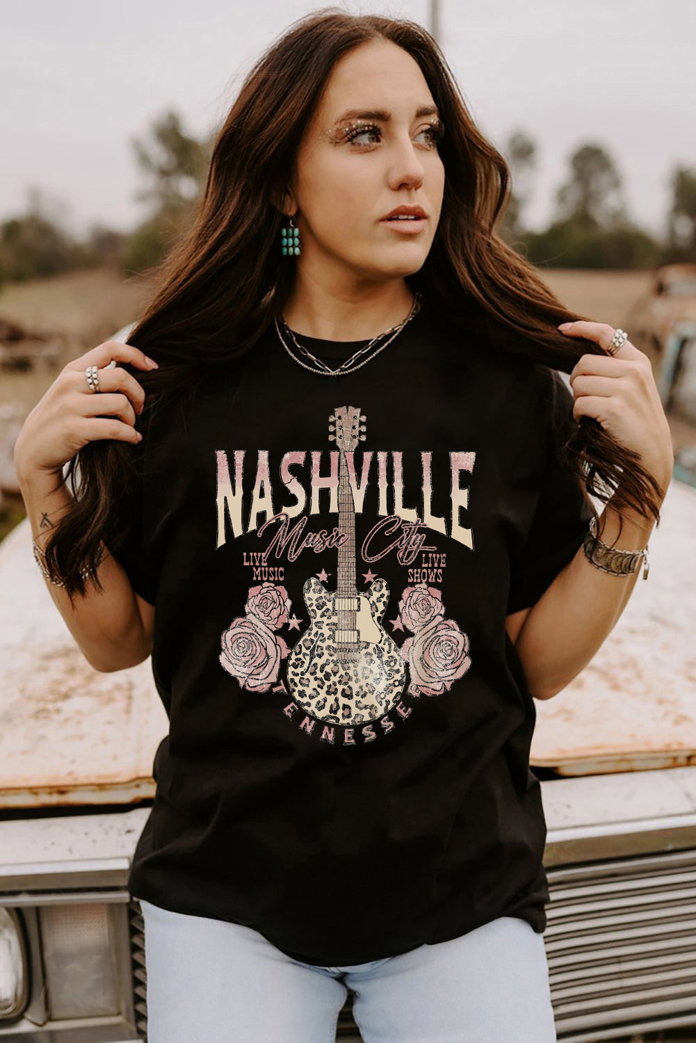 Black Nashville Music City Leopard Guitar Graphic T Shirt Graphic Tees JT's Designer Fashion