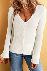 White Lightweight V Neck Button Front Bell Sleeve Cardigan Sweater Cardigans JT's Designer Fashion