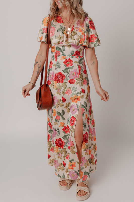 Multicolour Vintage Floral V Neck Short Sleeve Tie Back Long Slit Dress Floral Dresses JT's Designer Fashion