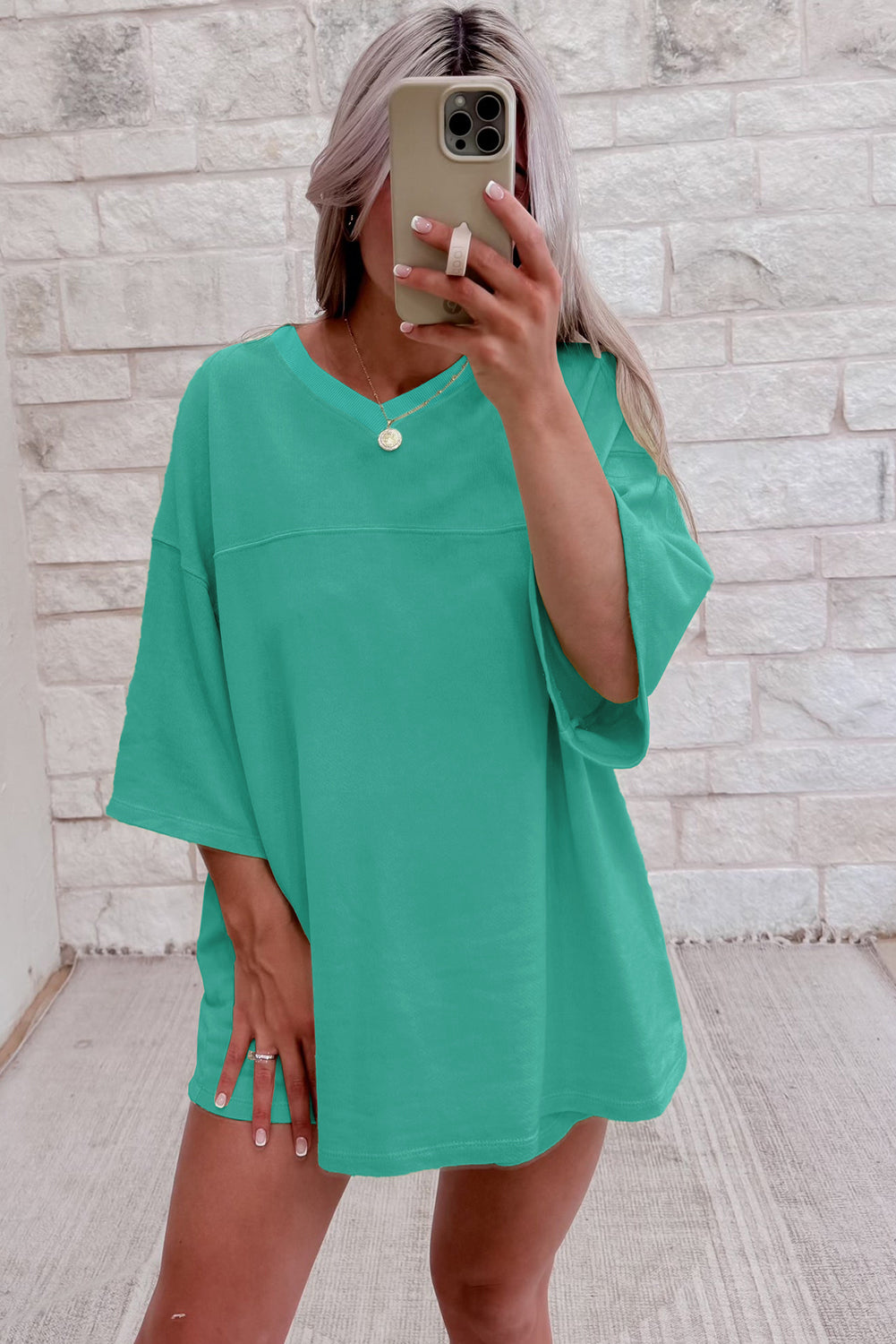 Sea Green Solid Loose V Neck Half Sleeve Tee and Shorts Short Sets JT's Designer Fashion