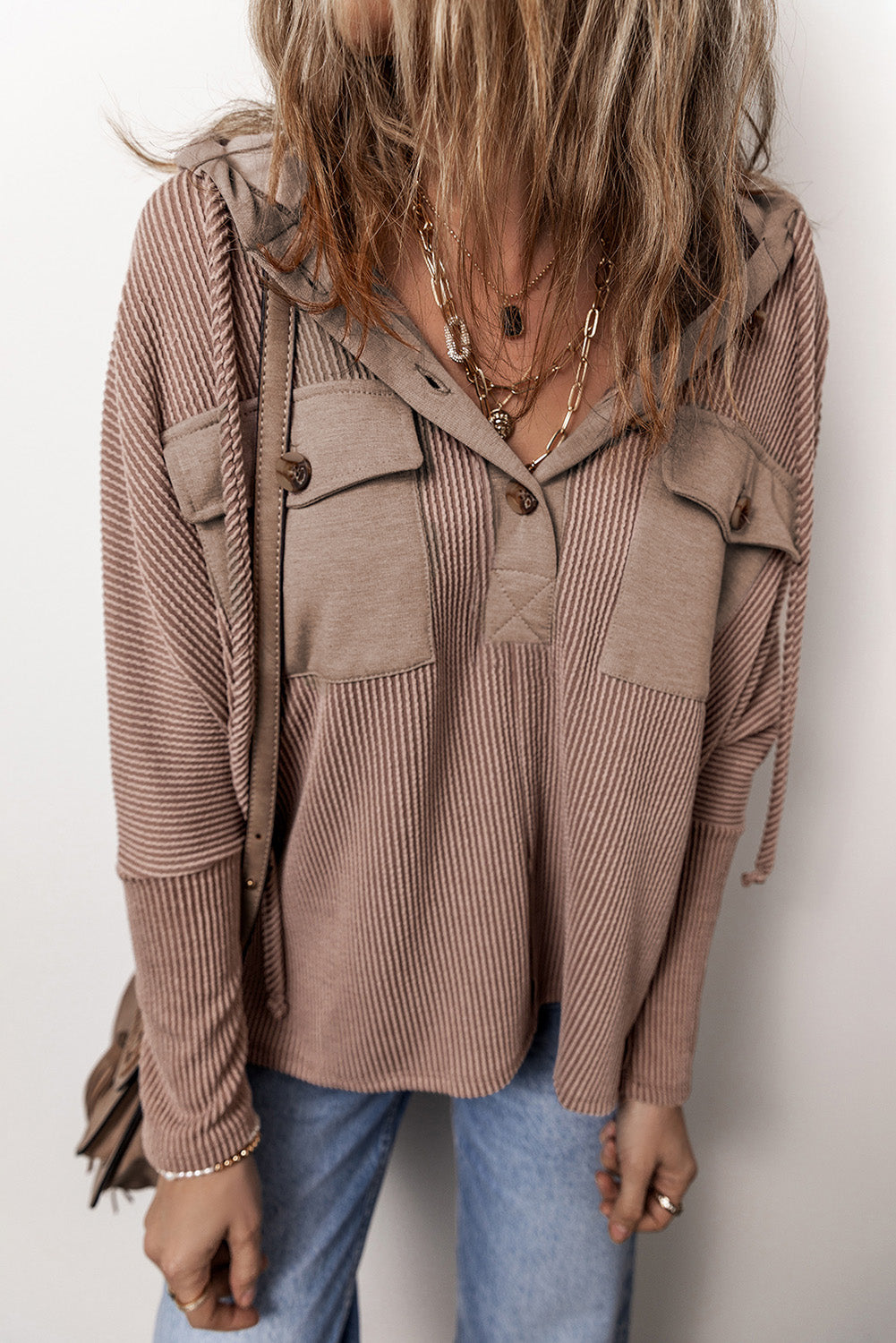 Dark Brown Flap Pocket Patchwork Corded Drawstring Hoodie Sweatshirts & Hoodies JT's Designer Fashion