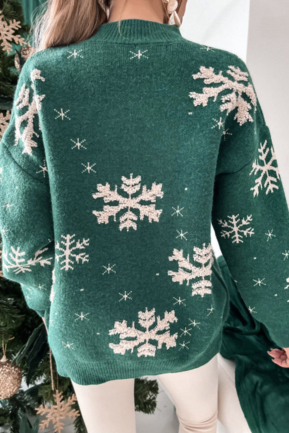 Blackish Green Christmas Snowflake Mock Neck Sweater Sweaters JT's Designer Fashion