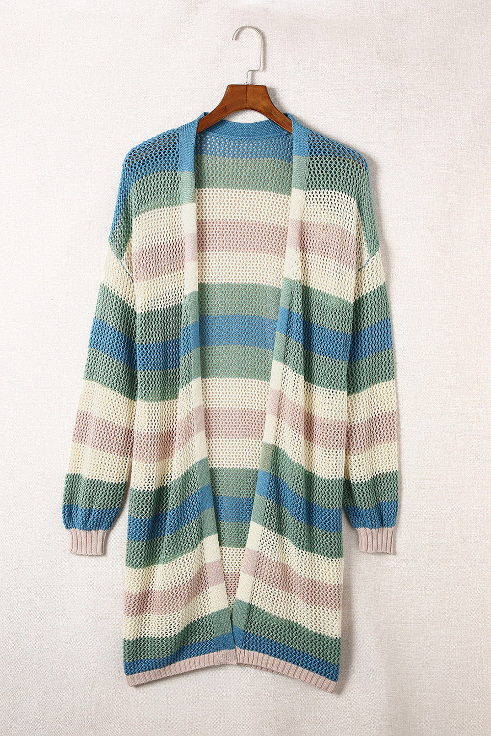 Green Striped Color Block Hollowed Knit Cardigan Sweaters & Cardigans JT's Designer Fashion
