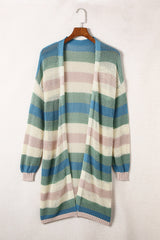 Green Striped Color Block Hollowed Knit Cardigan Sweaters & Cardigans JT's Designer Fashion