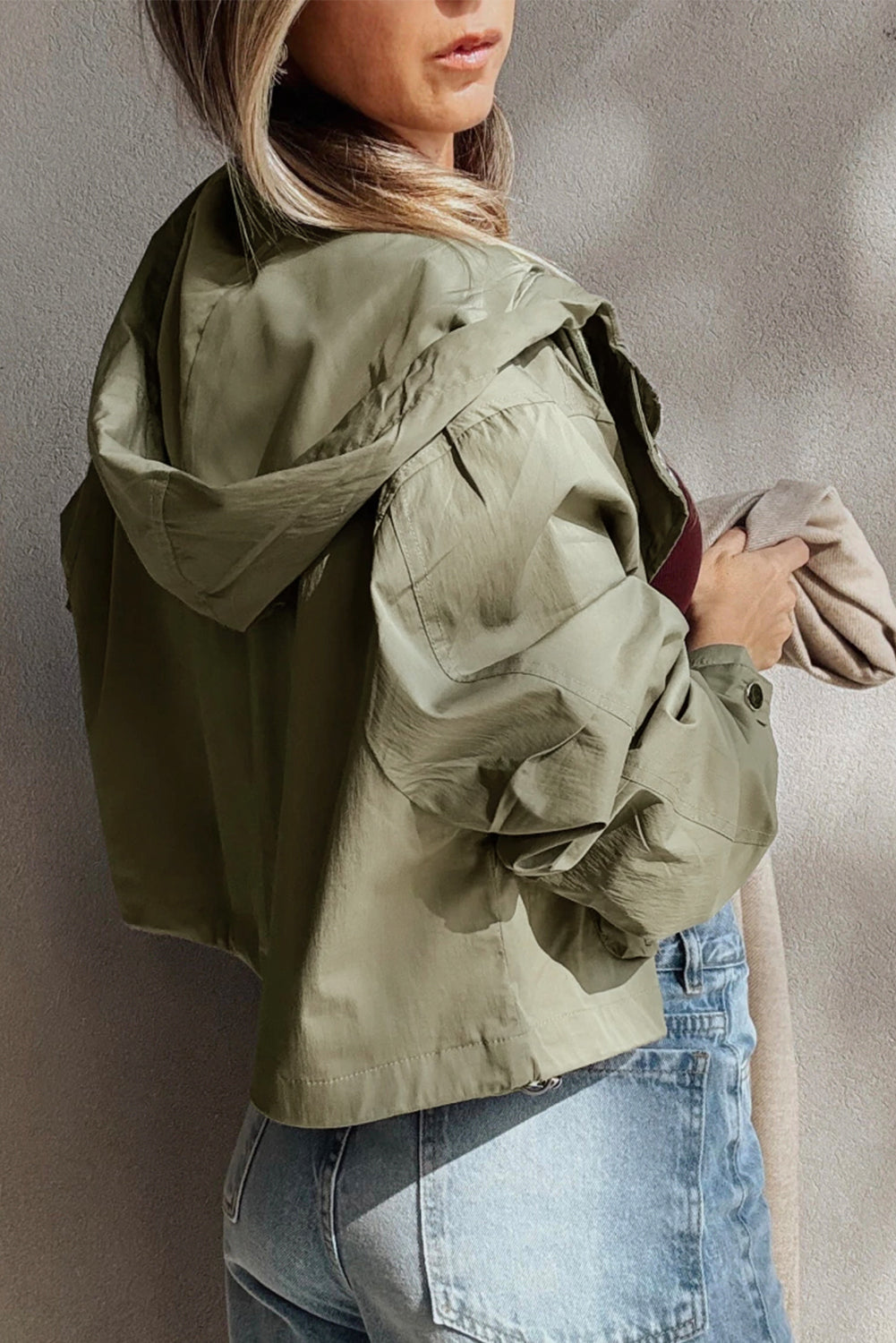 Laurel Green Zipped Pocket Cropped Hooded Utility Jacket Jackets JT's Designer Fashion