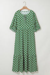Green Geometric Floral Print Half Sleeve Plus Size Maxi Dress Plus Size Maxi Dresses JT's Designer Fashion