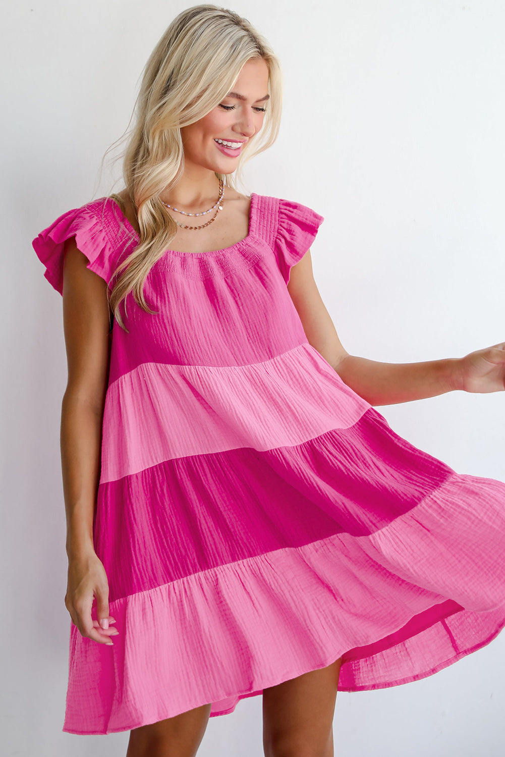 Pink Crinkled Colorblock Patchwork Flutter Tiered Mini Dress Mini Dresses JT's Designer Fashion