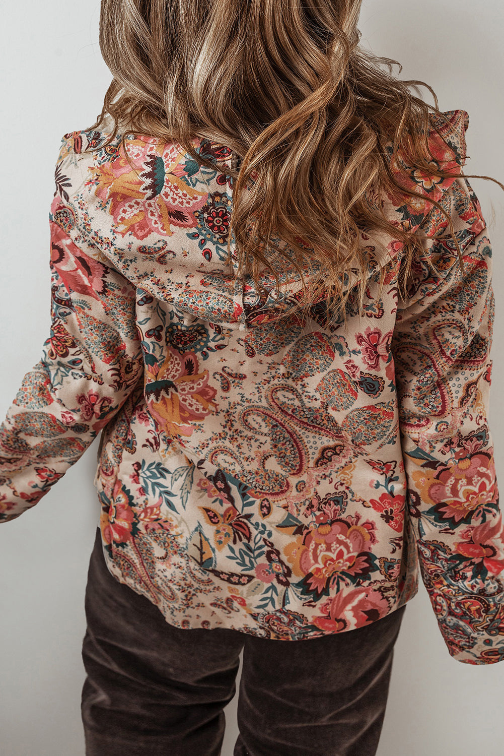Beige Vintage Paisley Floral Printed Sherpa Lined Hooded Jacket Jackets JT's Designer Fashion