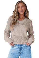 Brown Eyelet Pattern Detail V Neck Drop Shoulder Sweater Sweaters JT's Designer Fashion