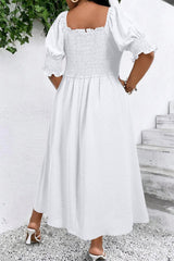 White Swiss Dot Smocked Frilled Neckline Short Sleeve Plus Size Dress Plus Size Maxi Dresses JT's Designer Fashion