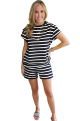 Black White Striped Short Sleeve Top and Shorts Set Short Sets JT's Designer Fashion