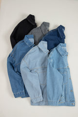Black Washed Oversize Pocketed Denim Jacket Denim Jackets JT's Designer Fashion