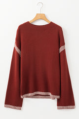 Red Dahlia Color Contrast Trim Drop Shoulder Crew Neck Sweater Sweaters JT's Designer Fashion