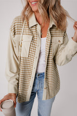 Parchment Houndstooth Corduroy Patchwork Flap Pocket Shacket Parchment 100%Polyester Jackets JT's Designer Fashion
