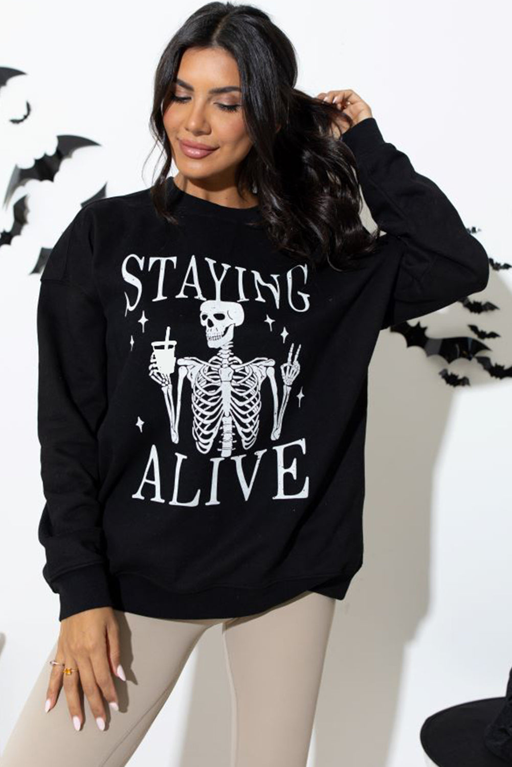 Black STAYING ALIVE Skull Graphic Crewneck Halloween Sweatshirt Graphic Sweatshirts JT's Designer Fashion