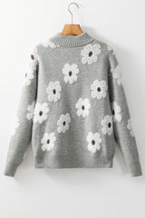 Gray Floral Pattern Half Zip Drop Shoulder Sweater Sweaters JT's Designer Fashion