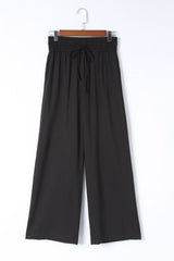 Black Drawstring Elastic Waist Casual Wide Leg Pants Pants & Culotte JT's Designer Fashion