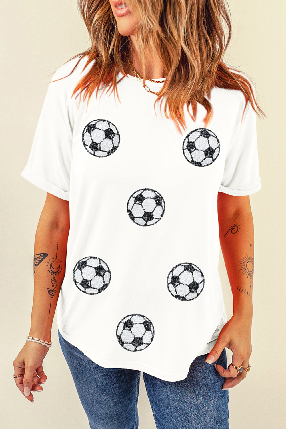 White Sequin Football Patched Graphic Game Day T Shirt Graphic Tees JT's Designer Fashion