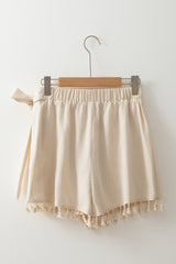 Apricot Tassel Trim Wrap Knot Side Bohemian Style Mini Skort Casual Shorts JT's Designer Fashion