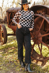Black Checkerboard Western Elements Printed Mesh Long Sleeve Top Long Sleeve Tops JT's Designer Fashion