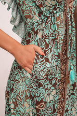 Green Floral Print V Neck Ruffled Trim Backless Tassel Waist Maxi Dress Floral Dresses JT's Designer Fashion