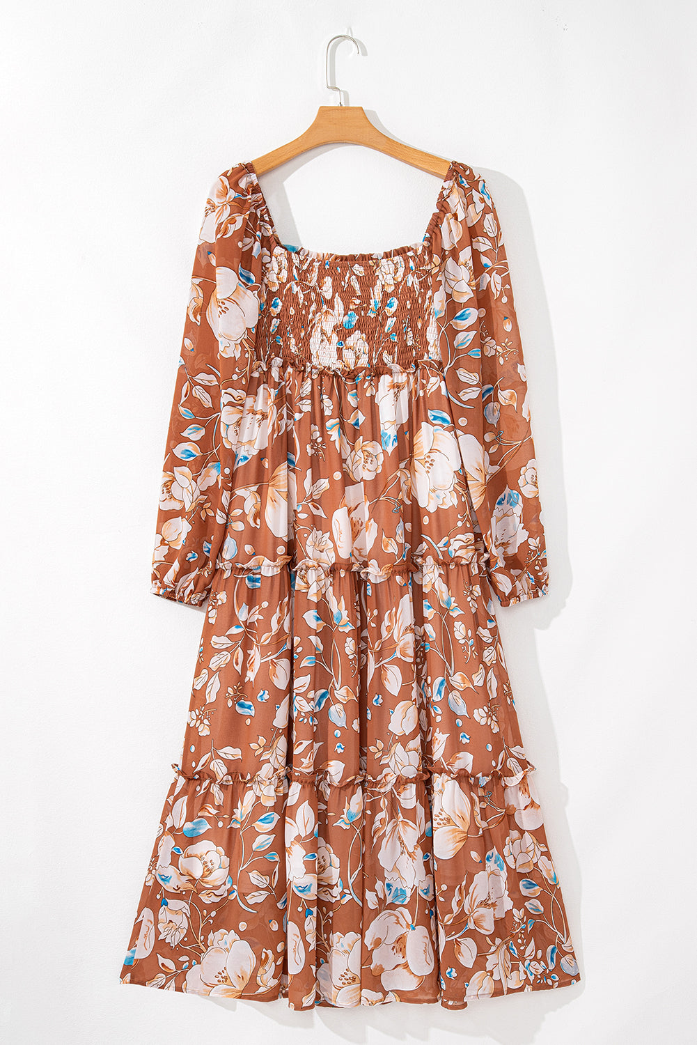 Brown Floral Print Shirred Square Neck High Waist Long Dress Maxi Dresses JT's Designer Fashion